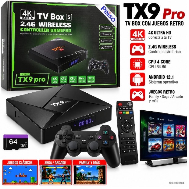 &ua CONSOLA ARCADE TV BOX + 1 JOYSTICK INALAMBRICO TX9 PRO